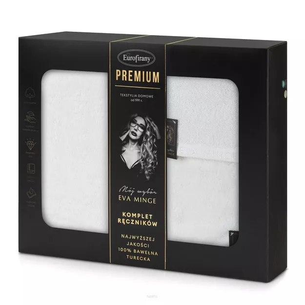 Komplet ręczników VENUS Eva Minge białe zdobione bordiurą w kolorze ręcznika z napisami projektantki z kolekcji Premium