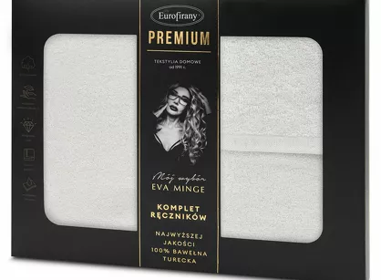Komplet ręczników VENUS Eva Minge białe zdobione bordiurą w kolorze ręcznika z napisami projektantki z kolekcji Premium