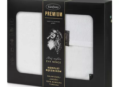 Komplet ręczników VENUS Eva Minge białe zdobione bordiurą w kolorze ręcznika z napisami projektantki z kolekcji Premium
