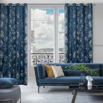 Zasłona na przelotkach 140x250 GLORIA welwetowa granatowa z szampańskim nadrukiem liści - 11
