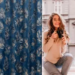 Zasłona na przelotkach 140x250 GLORIA welwetowa granatowa z szampańskim nadrukiem liści - 16