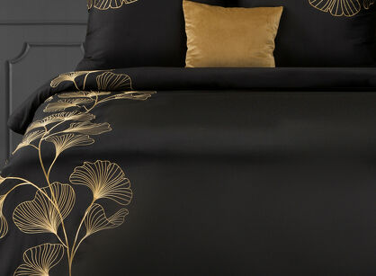 Pościel satynowa 160x200 HAFT 2 czarna haftowana złotym wzorem miłorzębu