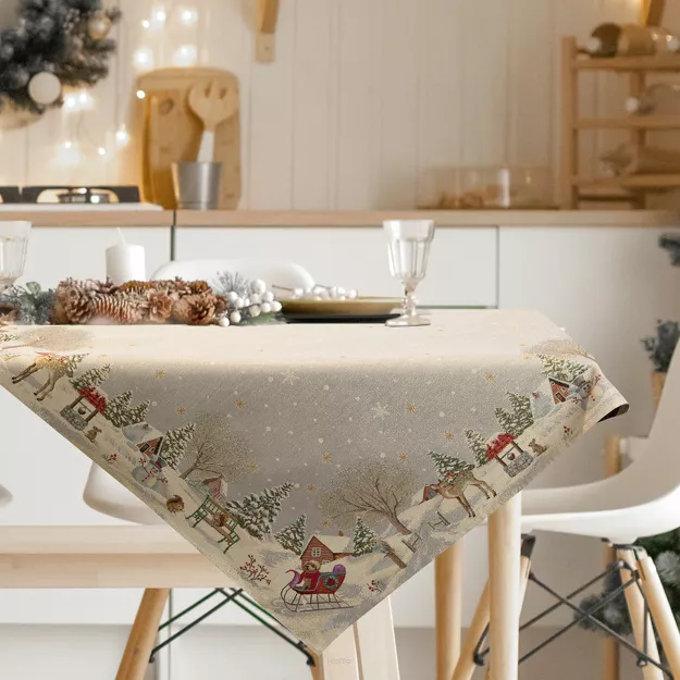 Nakładka świąteczna 100x100 1163 gobelinowa popielata z motywem zimowym i połyskującą złotą nicią