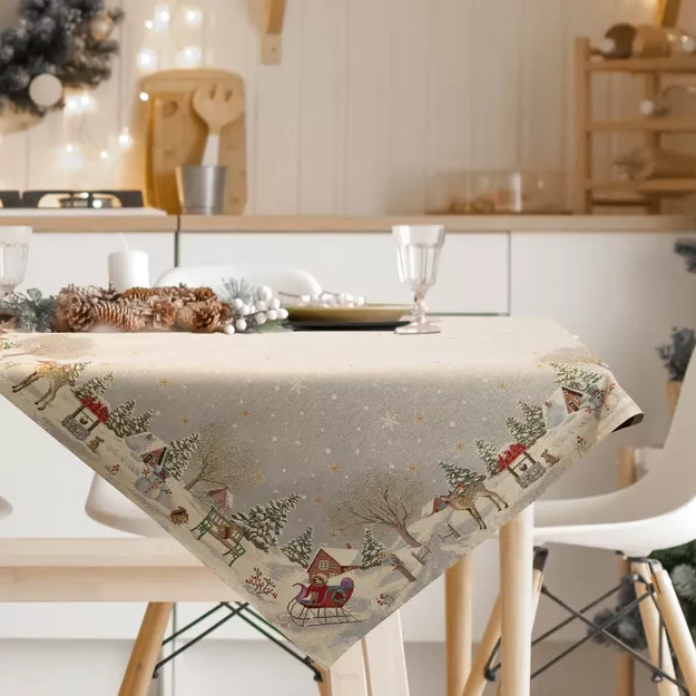 Nakładka świąteczna 100x100 1163 gobelinowa popielata z motywem zimowym i połyskującą złotą nicią