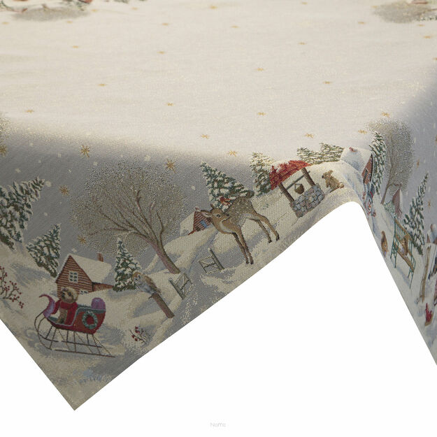 Nakładka świąteczna 100x100 1163 gobelinowa popielata z motywem zimowym i połyskującą złotą nicią