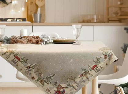 Nakładka świąteczna 100x100 1163 gobelinowa popielata z motywem zimowym i połyskującą złotą nicią