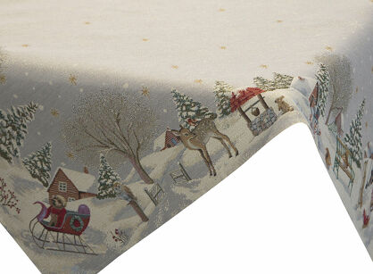 Nakładka świąteczna 100x100 1163 gobelinowa popielata z motywem zimowym i połyskującą złotą nicią