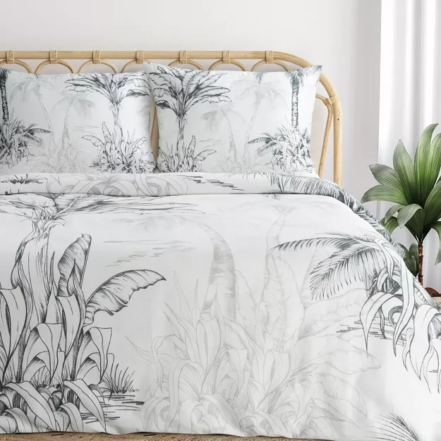 Pościel satynowa 160x200 SPRING 104 biała stalowa z wzorem bananowców z kolekcji Classic
