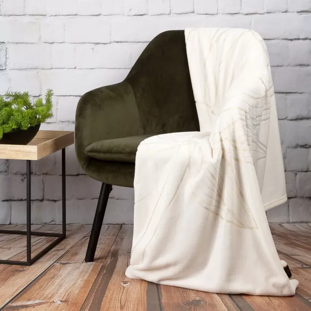 Koc 150x200 LILI 1 biały ze złotym nadrukiem kwiatu lotosu