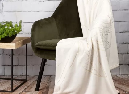 Koc 150x200 LILI 1 biały ze złotym nadrukiem kwiatu lotosu