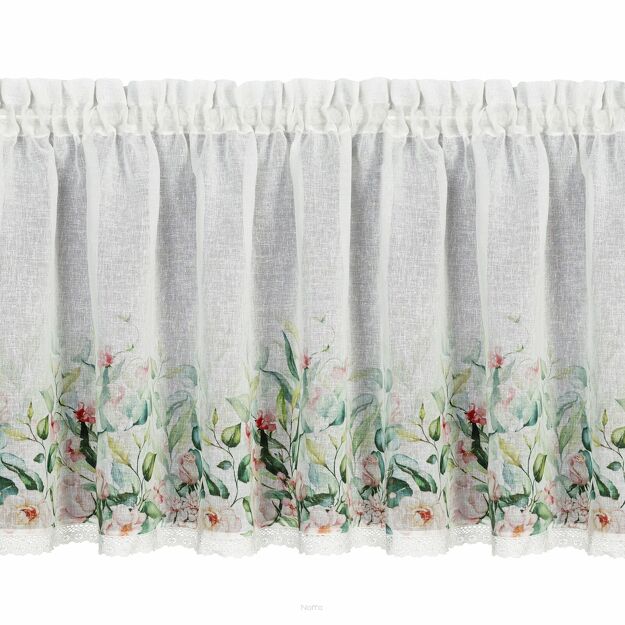 Zazdrostka w tunelu 150x60 ESTERA biała z etaminy zdobiona koronką z nadrukiem kwiatów