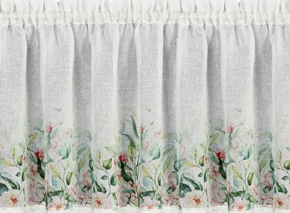 Zazdrostka w tunelu 150x60 ESTERA biała z etaminy zdobiona koronką z nadrukiem kwiatów