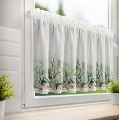 Zazdrostka w tunelu 150x60 ESTERA biała z etaminy zdobiona koronką z nadrukiem kwiatów