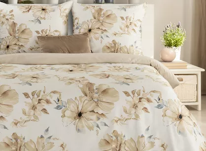 Pościel satynowa 160x200 SPRING 90 kremowa z wzorem beżowych kwiatów z kolekcji Classic