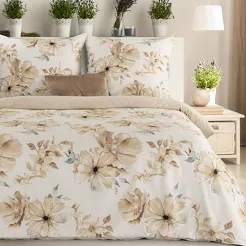 Pościel satynowa 160x200 SPRING 90 kremowa z wzorem beżowych kwiatów z kolekcji Classic