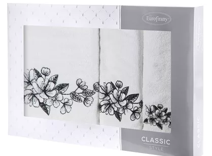 Komplet ręczników 3 szt. SOFIA białe z haftowanym czarnym wzorem kwiatowym w kartonowym pudełku