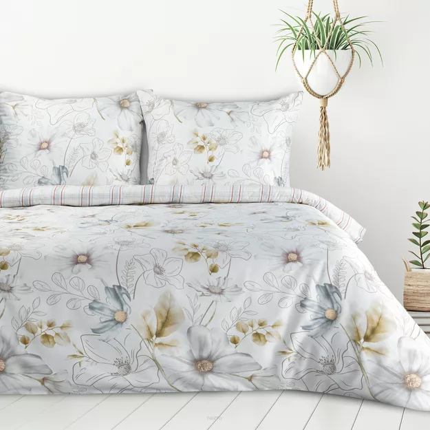 Pościel bawełniana 220x200 LEA 9 biała musztardowa w kwiaty dwustronna Design 91