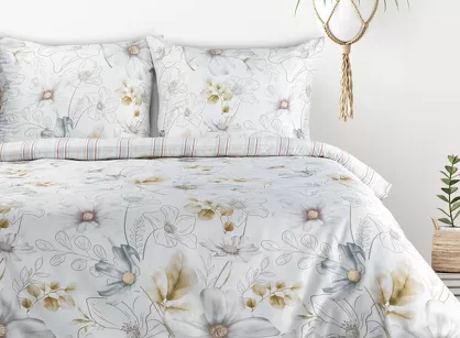 Pościel bawełniana 220x200 LEA 9 biała musztardowa w kwiaty dwustronna Design 91