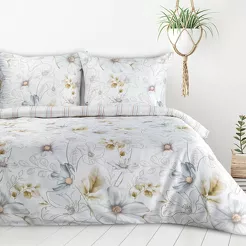 Pościel bawełniana 220x200 LEA 9 biała musztardowa w kwiaty dwustronna Design 91