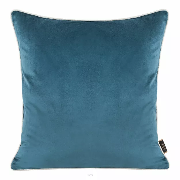 Poszewka welwetowa 45x45 VELVET 57E niebieska z wypustką na brzegach i imitacją lnu