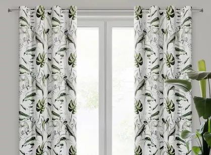 Zasłona na przelotkach 140x250 ELLEN welwetowa biała z nadrukiem egzotycznych oliwkowych liści