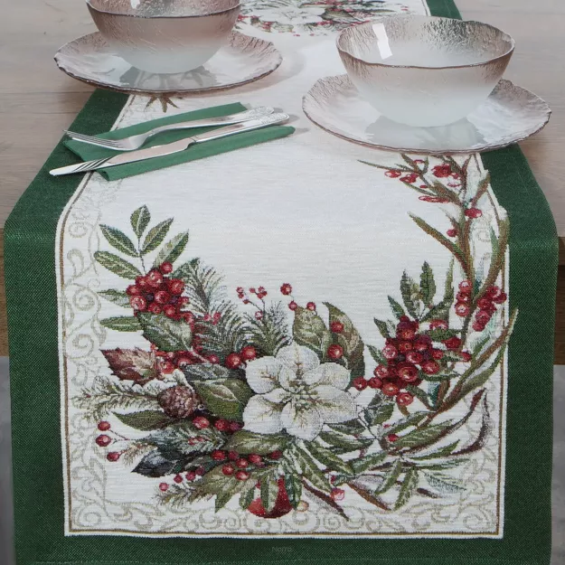 Bieżnik świąteczny 40x100 4115 gobelinowy z szenili naturalny zielony z gwiazdą betlejemską