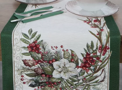 Bieżnik świąteczny 40x100 4115 gobelinowy z szenili naturalny zielony z gwiazdą betlejemską