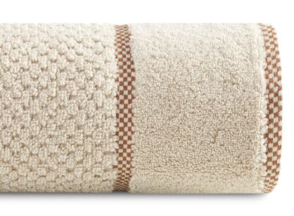 Ręcznik bawełniany 70x140 CALEB beżowy o delikatnym wzorze krateczki i kontrastową bordiurą