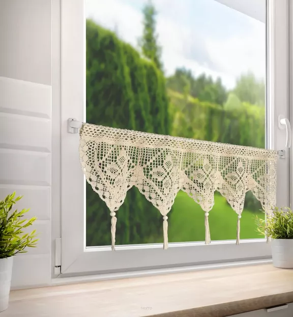 Zazdrostka w tunelu 150x30 MARTHA jasny beż z bawełny ażurowy wzór z chwostami