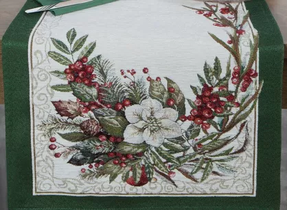 Bieżnik świąteczny 45x140 4115 gobelinowy z szenili naturalny zielony z gwiazdą betlejemską