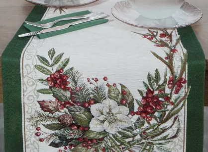 Bieżnik świąteczny 45x140 4115 gobelinowy z szenili naturalny zielony z gwiazdą betlejemską