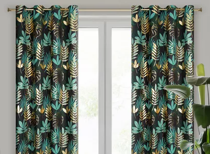 Zasłona na przelotkach 140x250 MALTA czarna ze złotym nadrukiem botanicznym