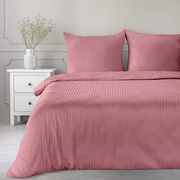 Pościel satynowa 140x200 VERA jednokolorowa gładka różowa w prążki
