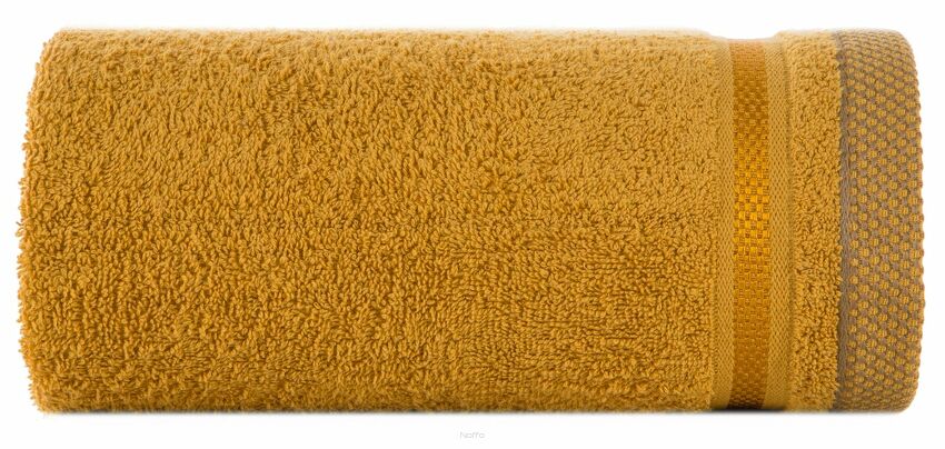 Ręcznik 30x50 ABBIE ciemny żółty z żakardową błyszczącą bordiurą w pasy z delikatną krateczką 500 g/m2