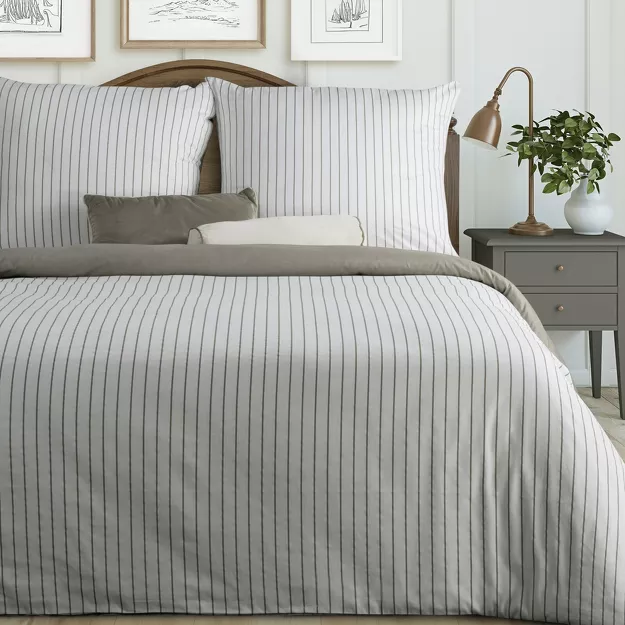 Pościel satynowa 220x200 RAYA biała stalowa w paseczki