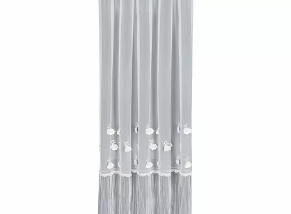 Firana na taśmie 140x270 AVRIL biała zdobiona aplikacją w kwiaty i falbaną