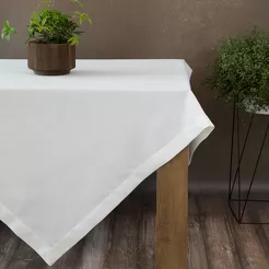 Obrus 145x280 STELLA 2 biały zdobiony kantą z wplecioną nicią srebrną