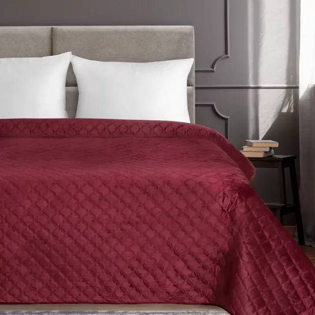 Narzuta welwetowa 220x240 VELVET 3 bordowa pikowana wzór arabeski
