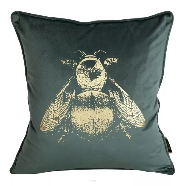 Poszewka welwetowa 45x45 BLINK 41B miętowa z nadrukiem złotej pszczoły druga strona o strukturze lnu