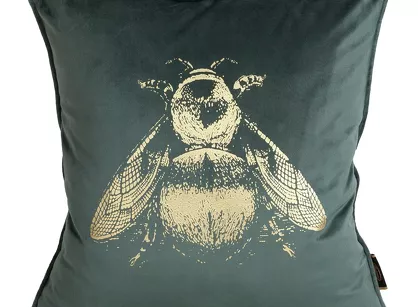 Poszewka welwetowa 45x45 BLINK 41B miętowa z nadrukiem złotej pszczoły druga strona o strukturze lnu