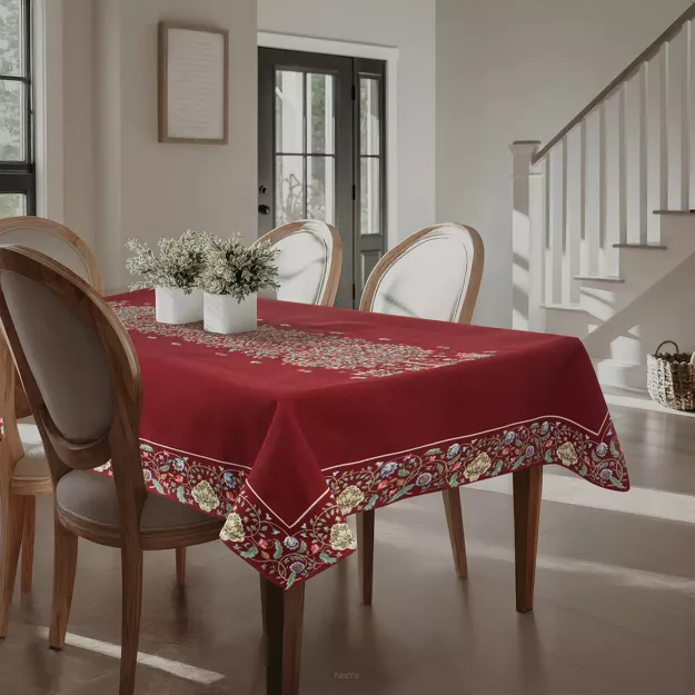 Obrus gobelinowy 140x220 4077 czerwony wzór drzewka szczęścia