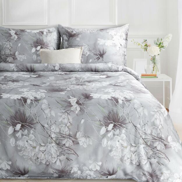 Pościel z makosatyny 220x200 PREMIUM 31 biała jasny popiel kwiatowy wzór Premium