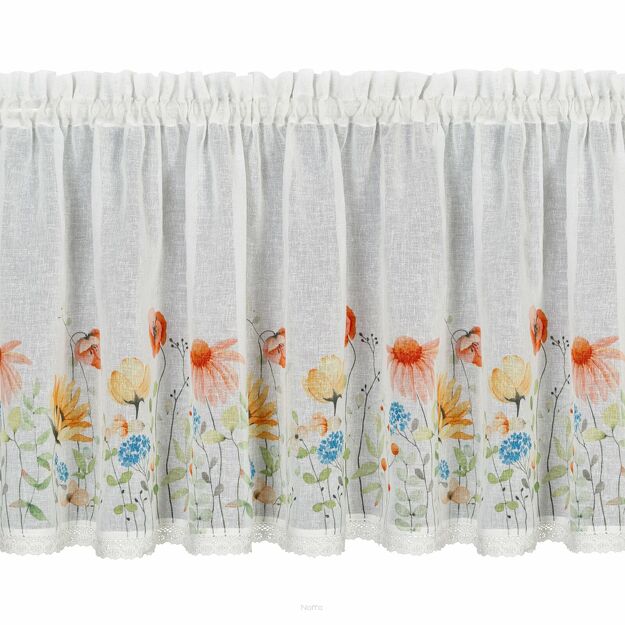 Zazdrostka w tunelu 150x60 NATI biała z etaminy zdobiona koronką z nadrukiem wiosennych kwiatów