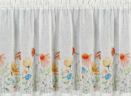 Zazdrostka w tunelu 150x60 NATI biała z etaminy zdobiona koronką z nadrukiem wiosennych kwiatów