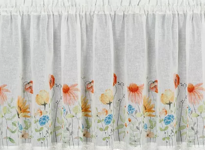 Zazdrostka w tunelu 150x60 NATI biała z etaminy zdobiona koronką z nadrukiem wiosennych kwiatów