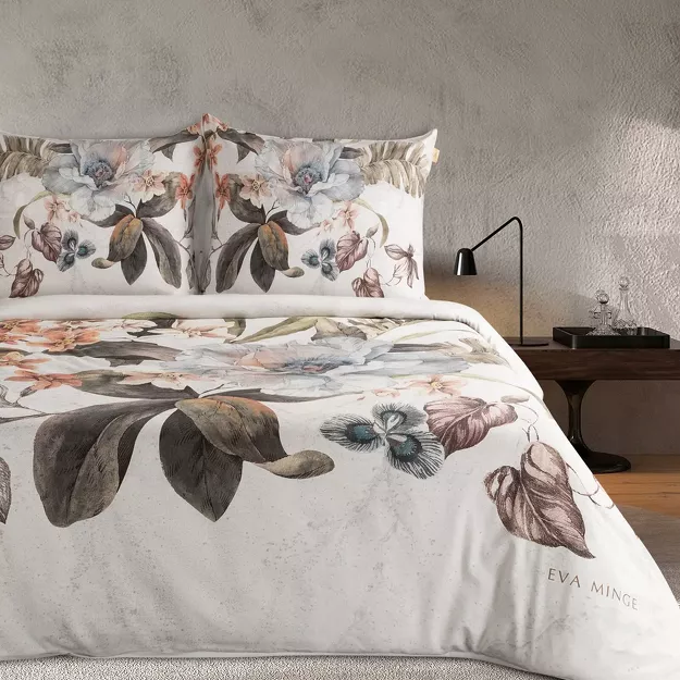Pościel z makosatyny 160x200 DEMI Eva Minge biała beżowa wzór roślinny Premium