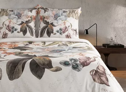 Pościel z makosatyny 160x200 DEMI Eva Minge biała beżowa wzór roślinny Premium