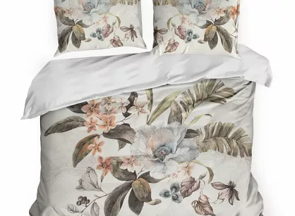 Pościel z makosatyny 160x200 DEMI Eva Minge biała beżowa wzór roślinny Premium