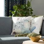 Poszewka welwetowa 45x45 VELVET 126 beżowa z designerskim niebieskim wzorem botanicznym obszyta lamówką - 3