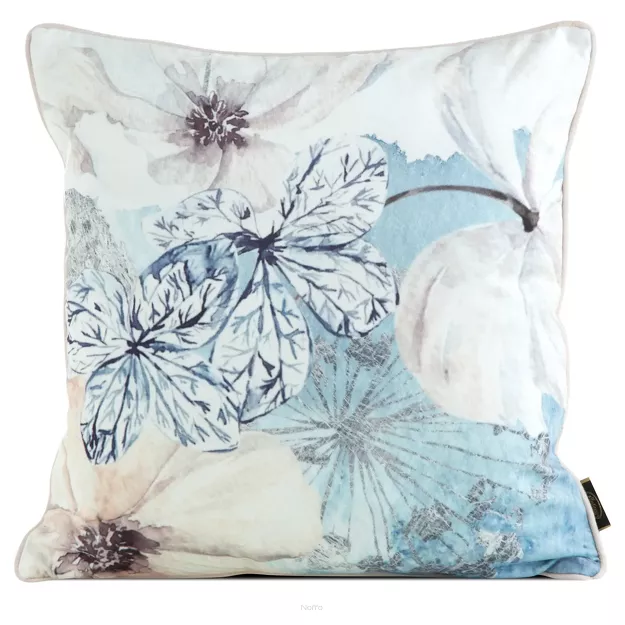 Poszewka welwetowa 45x45 VELVET 126 beżowa z designerskim niebieskim wzorem botanicznym obszyta lamówką